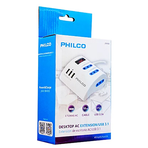 Alargador Philco 1.5 Mts 3 tomas+3 entradas USB 220V 2043B